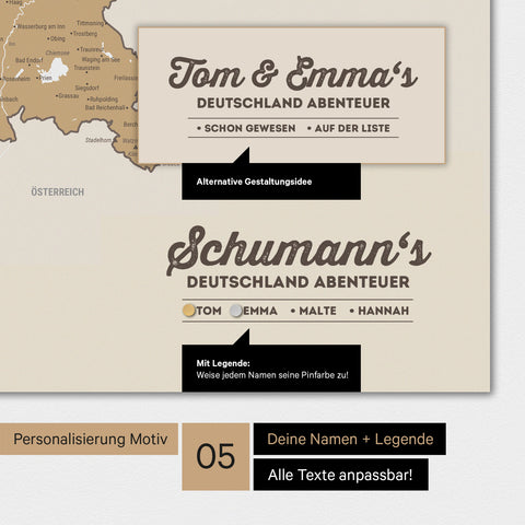 Magnetboard Deutschland-Karte in Multicolor Beige mit Personalisierung als Logo mit Familiennamen