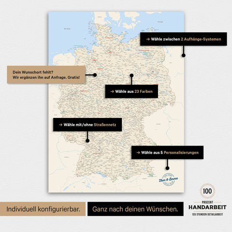 Übersicht über die vielfältigen Konfigurationsmöglichkeiten einer magnetischen Deutschland-Karte als Magnetboard in Multicolor Classic, von der Auswahl des Aufhänge-Systems über Farben bis zum Detailgrad