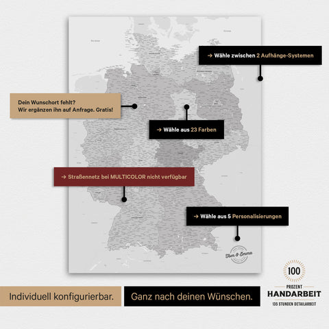 Übersicht über die vielfältigen Konfigurationsmöglichkeiten einer magnetischen Deutschland-Karte als Magnetboard in Multicolor Gray, von der Auswahl des Aufhänge-Systems über Farben bis zum Detailgrad