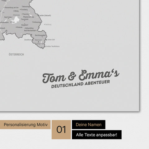 Magnetische Deutschland-Karte als Magnetboard in Multicolor Gray mit Personalisierung und eigedruckten Namen
