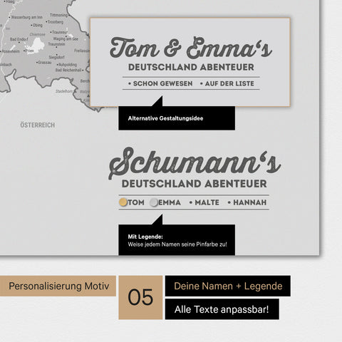 Magnetboard Deutschland-Karte in Multicolor Gray mit Personalisierung als Logo mit Familiennamen