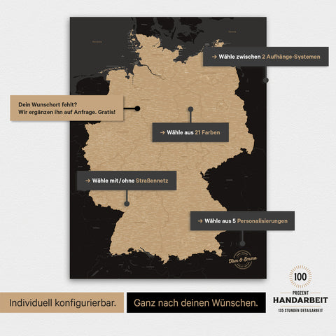 Übersicht über die vielfältigen Konfigurationsmöglichkeiten einer magnetischen Deutschland-Karte als Magnetboard in Sonar Black, von der Auswahl des Aufhänge-Systems über Farben bis zum Detailgrad