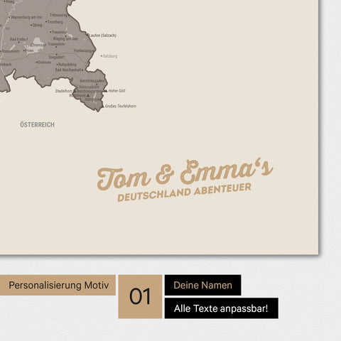 Magnetische Deutschland-Karte als Magnetboard in Warmgray (Braun-Grau) mit Personalisierung und eigedruckten Namen
