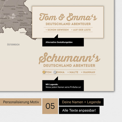 Magnetboard Deutschland-Karte in Warmgray mit Personalisierung als Logo mit Familiennamen