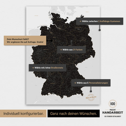 Übersicht über die vielfältigen Konfigurationsmöglichkeiten einer magnetischen Deutschland-Karte als Magnetboard in Light Black, von der Auswahl des Aufhänge-Systems über Farben bis zum Detailgrad