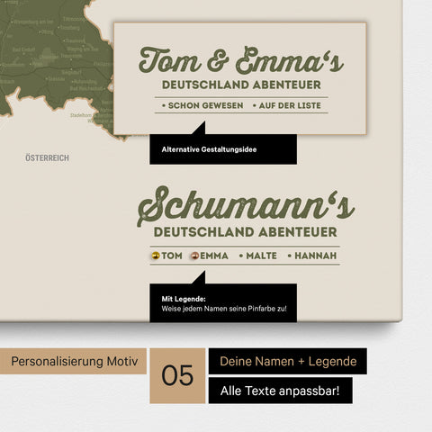 Pinnwand Leinwand einer Deutschland-Karte in Grün mit Personalisierung als Logo mit Familiennamen