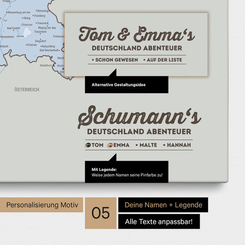 Pinnwand Leinwand einer Deutschland-Karte in Multicolor Atlas (Politische Karte) mit Personalisierung als Logo mit Familiennamen