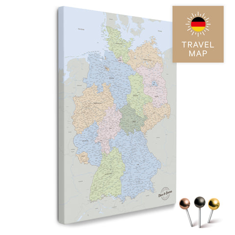 Deutschland-Karte in Multicolor Atlas (Politische Karte) als Pinnwand Leinwand zum Pinnen und Markieren von Reisezielen kaufen