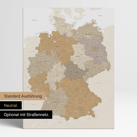 Neutrale und schlichte Standard-Ausführung einer Deutschland-Karte als Pinn-Leinwand in Multicolor Beige