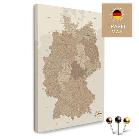 Deutschland-Karte in Multicolor Brown als Pinnwand Leinwand zum Pinnen und Markieren von Reisezielen kaufen