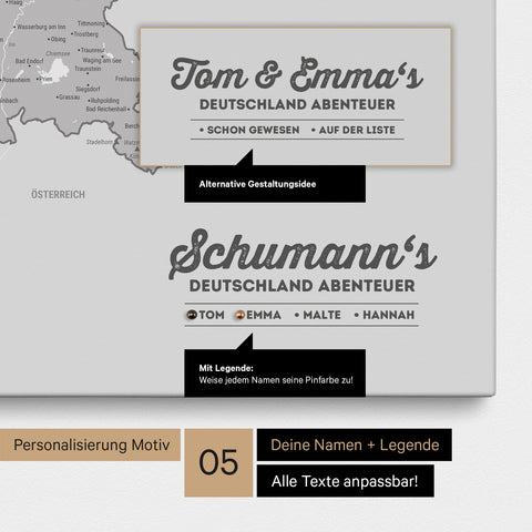 Pinnwand Leinwand einer Deutschland-Karte in Multicolor Gray mit Personalisierung als Logo mit Familiennamen