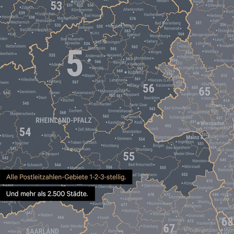 Ausschnitte einer Postleitzahlenkarte von Deutschland mit Bayern als Pinn-Leinwand in Denim Blue