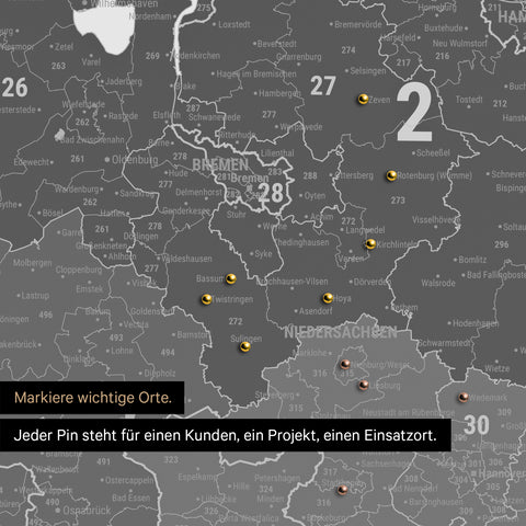 Detail einer Deutschland-Karte als Pinn-Leinwand in Light Gray mit Postleitzahlen von Schleswig-Holstein