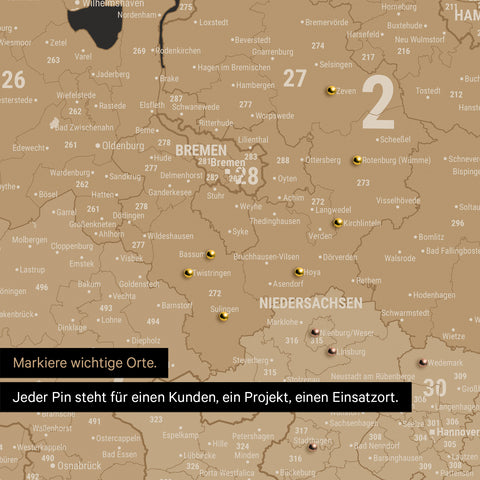 Detail einer Deutschland-Karte als Pinn-Leinwand in Sonar Black mit Postleitzahlen von Schleswig-Holstein