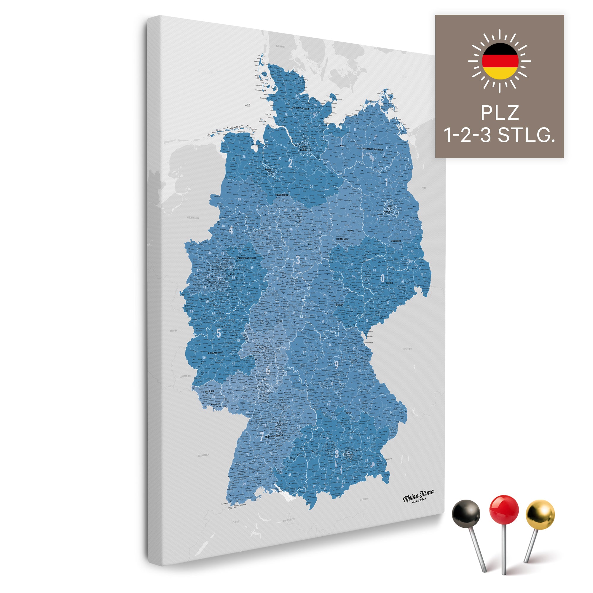 Germany Map (ZIP-Codes 1-2-3-digit) Push Pin Canvas – Ocean Blue ...