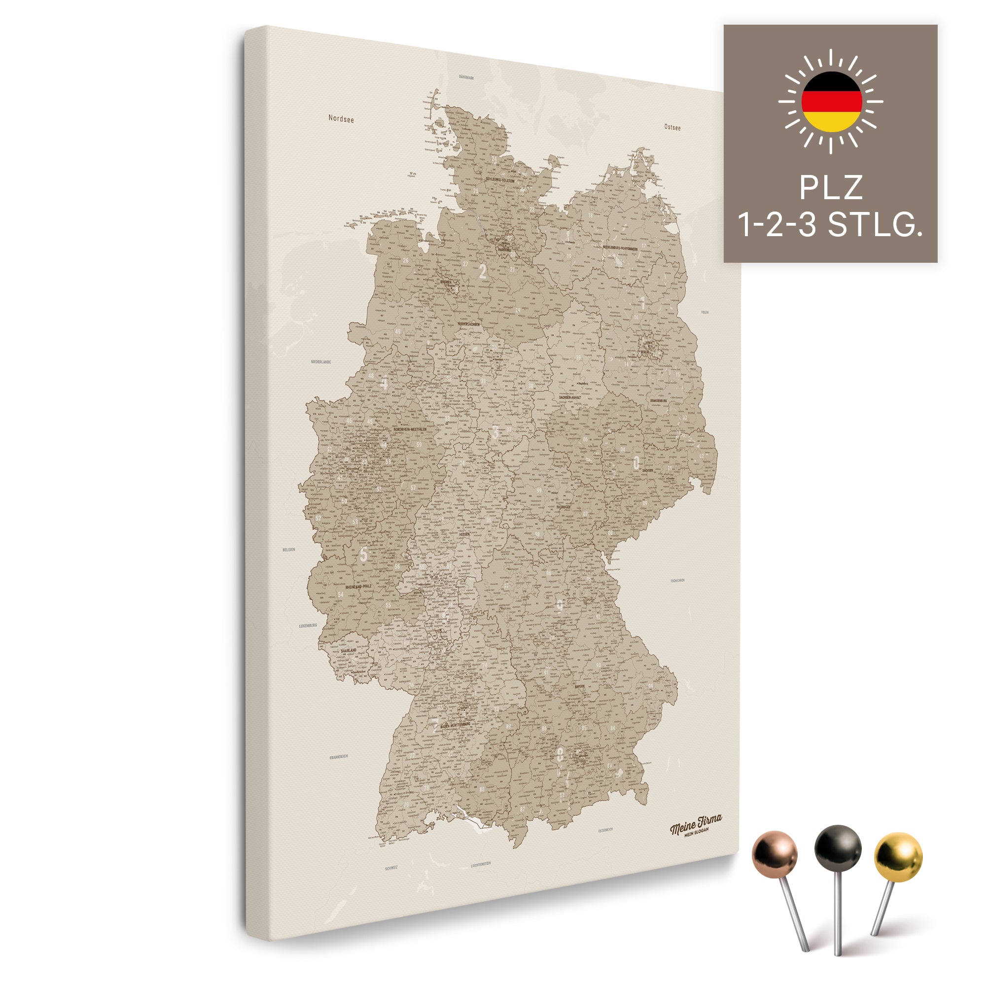 Germany Map (ZIP-Codes 1-2-3-digit) Push Pin Canvas – Desert Sand ...