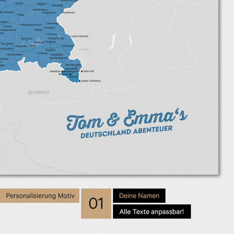 Deutschland-Karte als Poster in Blau mit Personalisierung und Eindruck mit deinem Namen