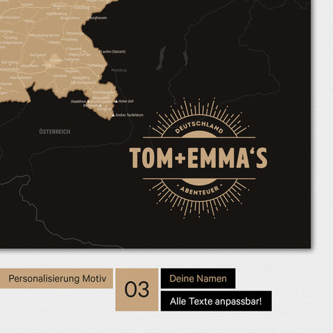 Deutschland-Karte als Poster in Sonar Black mit eingedruckten Namen als Logo in Form einer Sonne