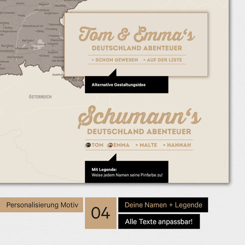 Poster einer Deutschland-Karte in Warmgray mit Personalisierung als Logo mit Familiennamen