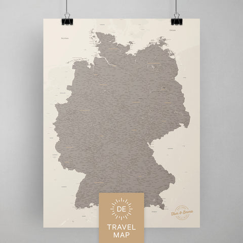Deutschland-Karte als Poster in Warmgray zum Pinnen und Markieren von Reisezielen kaufen