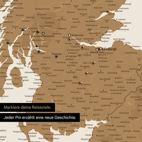 Detail of an England & Great Britain map as a bronze-colored pinboard canvas with a map section of Scotland