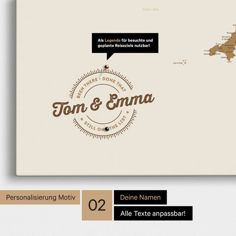 Personalized England map as a bronze Push Pin Map with printed names and a legend for marking visited places