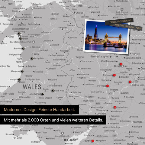 Detail of a map of Wales and England in Cool Gray with pins marking visited destinations
