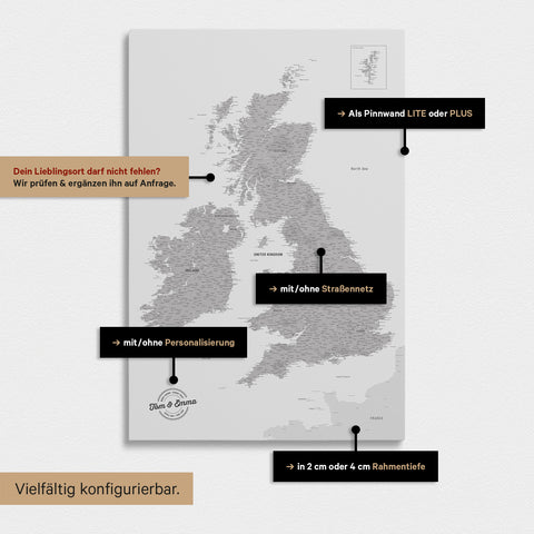 Various configuration options for an England & Great Britain map in Coolgray