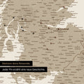 Detail of an England & Great Britain map as a Desert Sand-colored pinboard canvas featuring a map section of Scotland