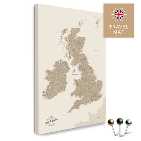 England & Great Britain Map with Ireland in Desert Sand as a Push Pin Map Canvas for Pinning and Marking Travel Destinations
