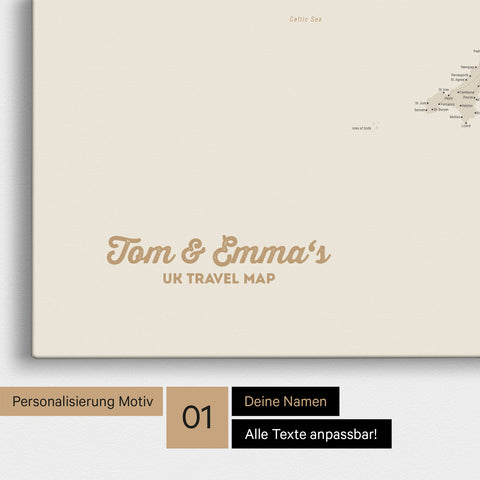 England & Great Britain Map Push Pin Map in Gold with Personalized Text