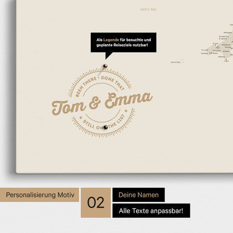 Personalized England map as a Push Pin Map in gold with printed names and a legend for marking visited places