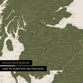 Detail of an England & Great Britain map as an Olive Green pinboard canvas with a map section of Scotland
