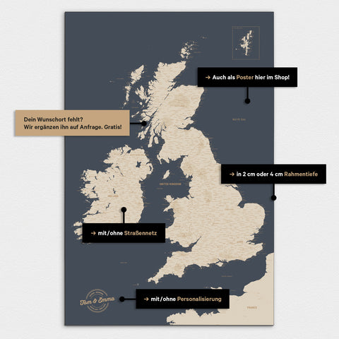 Vielfältige Konfigurationsmöglichkeiten einer England-Karte in Hale Navy (Dunkelblau)