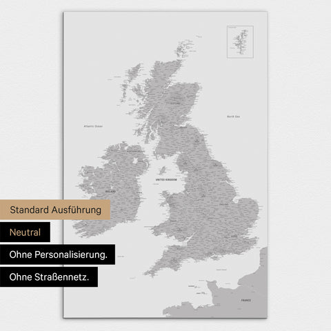 Neutrale Ausführung einer England-Karte in Farbe Hellgrau ohne Personalisierung