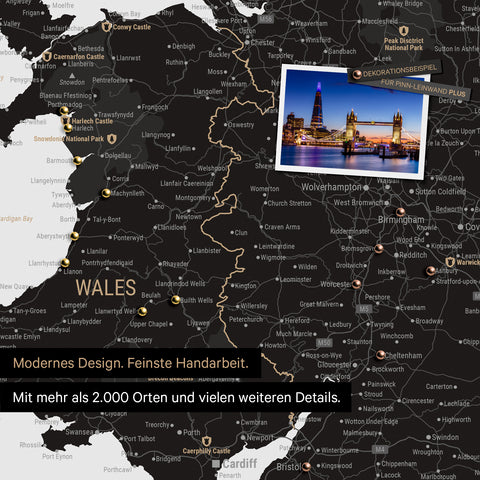 Excerpt of a map of Wales and England in Light Black with pins for marking visited destinations