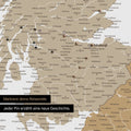 Detail of an England & Great Britain map as a multicolor beige pinboard canvas with a map section of Scotland