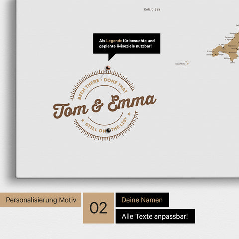 Personalized England map as a Push Pin Map in Multicolor Beige with printed names and a legend for marking visited places