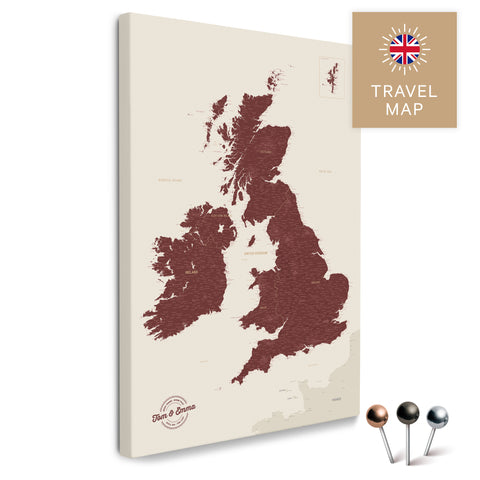 England- & Großbritannien-Karte mit Irland in Farbe Bordeaux Rot als Pinnwand Leinwand zum Pinnen und Markieren von Reisezielen