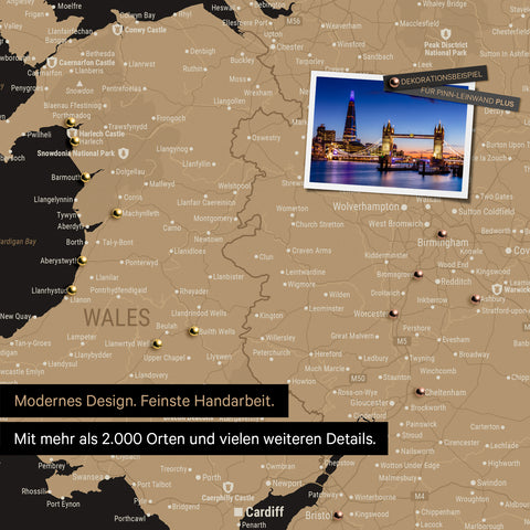 Color map excerpt of Wales and England in Sonar Black (black and gold), with pins to mark visited destinations
