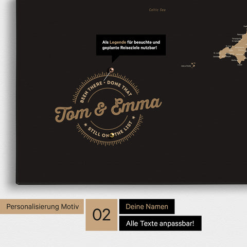 Personalized England map as a Push Pin Map in Sonar Black (Black-Gold), with printed names and a legend for marking visited places