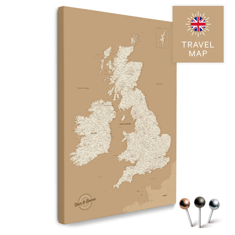 Map of England, Great Britain & Ireland in Treasure Gold as a Push Pin Map canvas for pinning and marking travel destinations