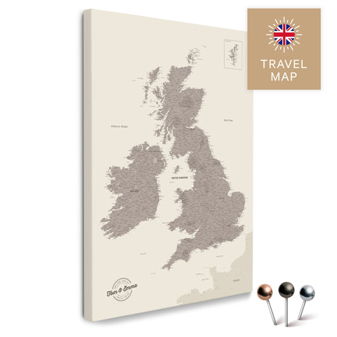 England & Great Britain map with Ireland in Warmgray as a Push Pin Map canvas for pinning and marking travel destinations