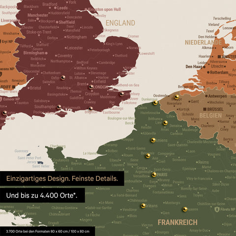 Europa Landkarte in Multicolor Vivid als Leinwand zum Pinnen zeigt einen Ausschnitt von England, Frankreich und Belgien mit vielen Details wie Nationalparks, Flüssen und zahlreichen kleinen Orten und Städten, die teilweise mit Pins markiert sind