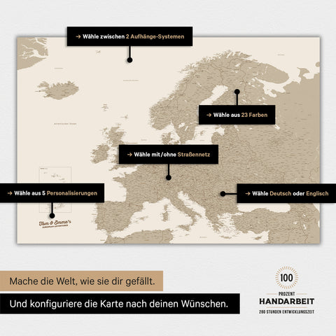 Magnetische Landkarte von Europa in der Farbe Desert Sand (Beige) zeigt die vielen Konfigurationsmöglichkeiten von personalisierbaren Magnetboards