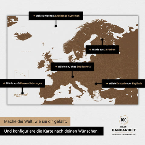 Magnetische Landkarte von Europa in der Farbe Braun zeigt die vielen Konfigurationsmöglichkeiten von personalisierbaren Magnetboards