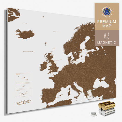 Magnetische Europakarte in der Farbe Braun in einem modernen, minimalistischem Design als Magnetboard zum Pinnen und Markieren von Reisezielen kaufen