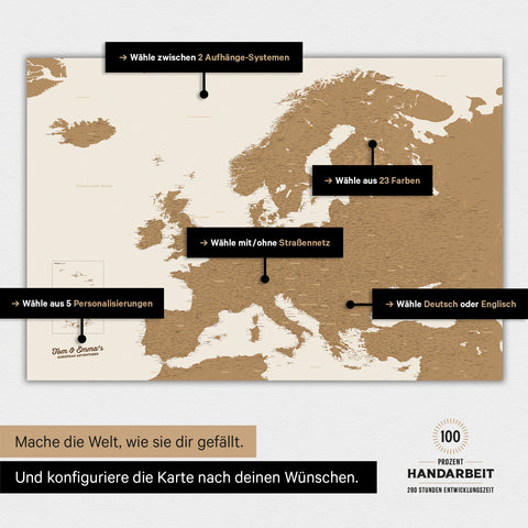 Magnetische Landkarte von Europa in der Farbe Bronze zeigt die vielen Konfigurationsmöglichkeiten von personalisierbaren Magnetboards