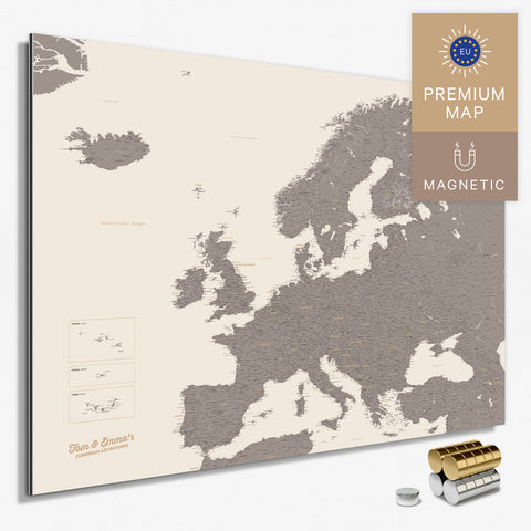 Magnetische Europakarte in der Farbe Warmgray (Braun-Grau) in einem modernen, minimalistischem Design als Magnetboard zum Pinnen und Markieren von Reisezielen kaufen