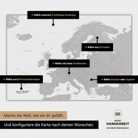 Magnetische Landkarte von Europa in der Farbe Hellgrau zeigt die vielen Konfigurationsmöglichkeiten von personalisierbaren Magnetboards